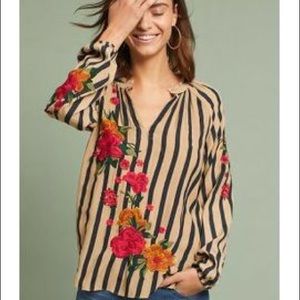 Anthro Akemi + Kin Embroidered & Striped Blouse